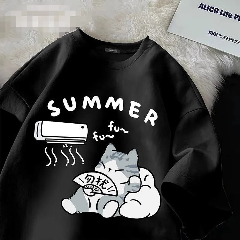 Summer Japanese Cartoon Cute Cat T-Shirt